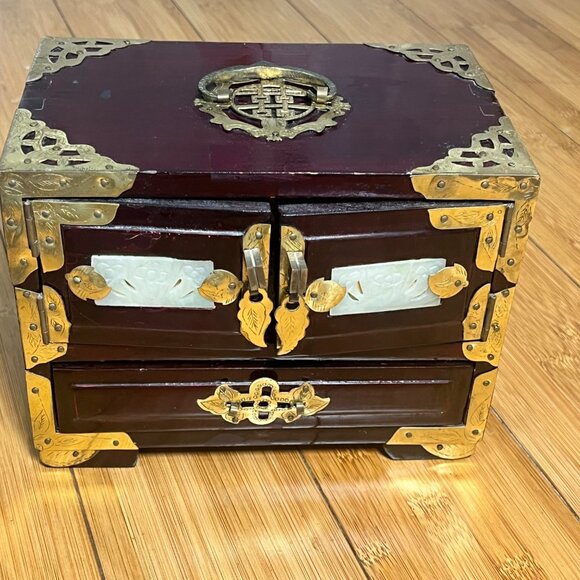 Vintage Chinese-Inspired Wooden Jewelry Box W/ Brass & Mother-Of-Pearl Inlay - Picture 2 of 11